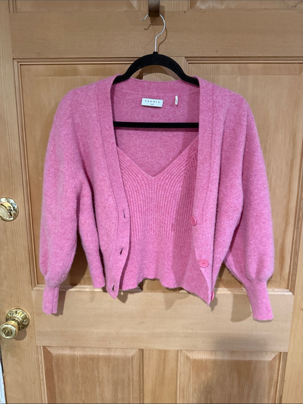 Sandro Pink V-Neck Sweater and Button Cardigan Set, wool cashmere size S